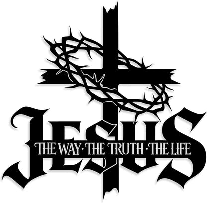 Jesus Wall Art Cross Wall Decor with Crown of Thorns - Metal Christian Wall Art "The Way The Truth The Life" Sign, Black Iron Religious Wall Art & Christian Wall Decor for Home Living Room Church E-64