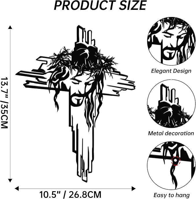 Jesus on the Cross Metal Wall Art - Black Detailed Crucifix Wall Decor, Religious Cross Wall Art for Home, Church, Office & Meaningful Christian Gifts E-71