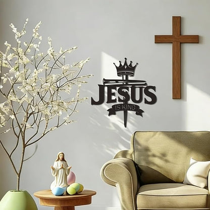 Jesus Christian Wall Art Metal Cross Wall Decor with Crown of Thorns - Black Christian Cross for Wall Decor - Religious Faith wall decorations For Living Room, Bathroom, Bedroom, Dining Room (Jesus is King) E-73