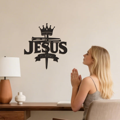 Jesus Christian Wall Art Metal Cross Wall Decor with Crown of Thorns - Black Christian Cross for Wall Decor - Religious Faith wall decorations For Living Room, Bathroom, Bedroom, Dining Room (Jesus is King) E-73