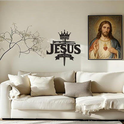 Jesus Christian Wall Art Metal Cross Wall Decor with Crown of Thorns - Black Christian Cross for Wall Decor - Religious Faith wall decorations For Living Room, Bathroom, Bedroom, Dining Room (Jesus is King) E-73