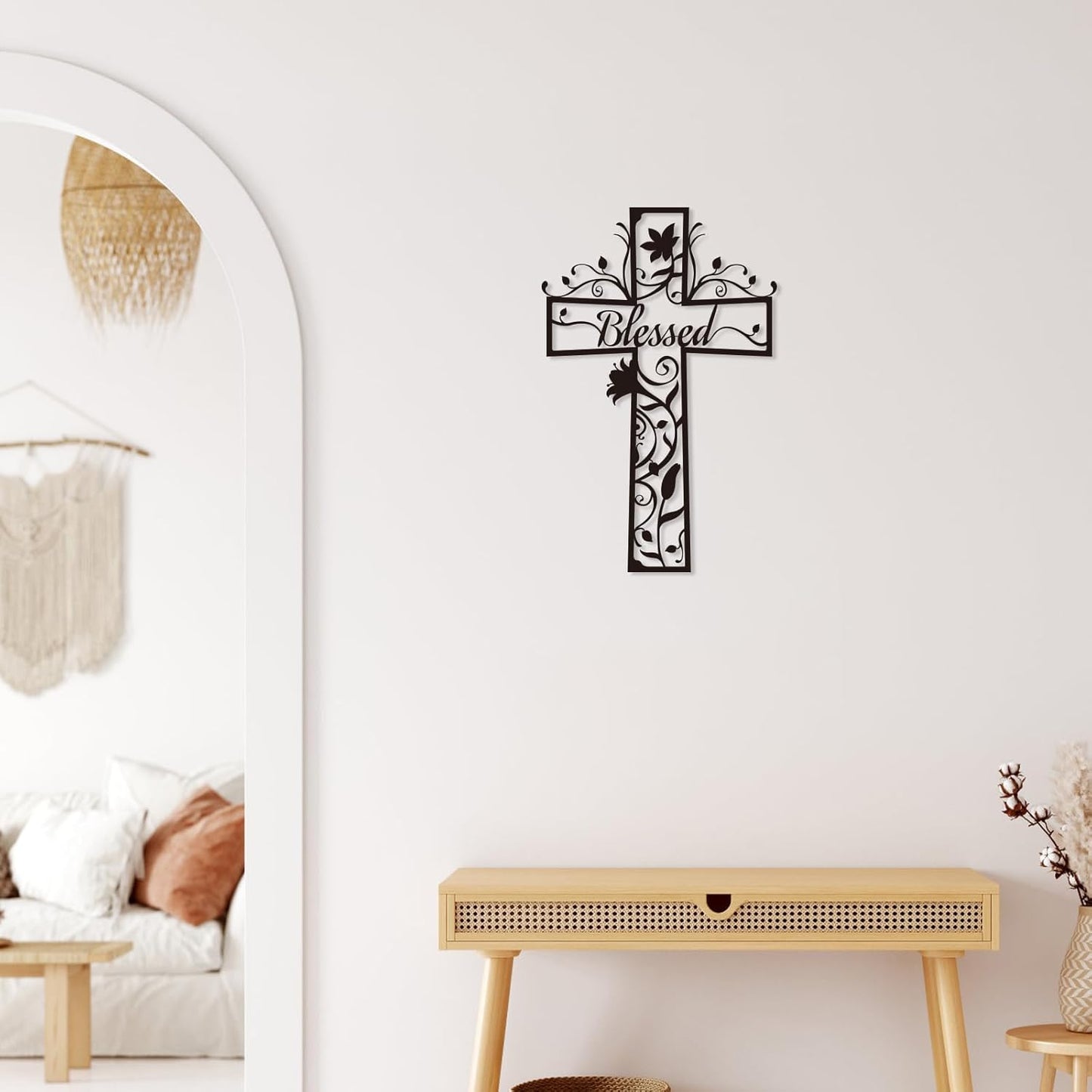 Christian Cross Flowers Metal Wall Decor with Blessed – Minimalist Floral Cross Wall Art for Home, Church & Prayer Room, Religious Gifts for Women, Family, Friends & Believers E-75