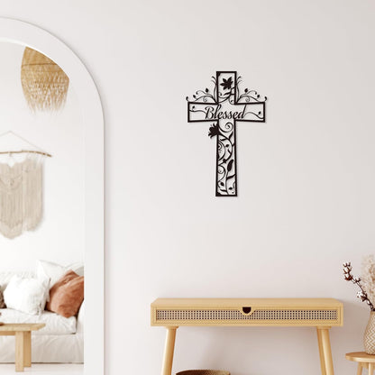 Christian Cross Flowers Metal Wall Decor with Blessed – Minimalist Floral Cross Wall Art for Home, Church & Prayer Room, Religious Gifts for Women, Family, Friends & Believers E-75