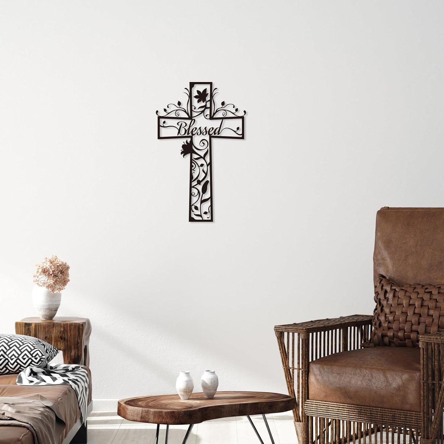 Christian Cross Flowers Metal Wall Decor with Blessed – Minimalist Floral Cross Wall Art for Home, Church & Prayer Room, Religious Gifts for Women, Family, Friends & Believers E-75