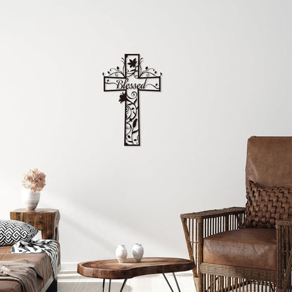 Christian Cross Flowers Metal Wall Decor with Blessed – Minimalist Floral Cross Wall Art for Home, Church & Prayer Room, Religious Gifts for Women, Family, Friends & Believers E-75