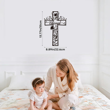 Christian Cross Flowers Metal Wall Decor with Blessed – Minimalist Floral Cross Wall Art for Home, Church & Prayer Room, Religious Gifts for Women, Family, Friends & Believers E-75