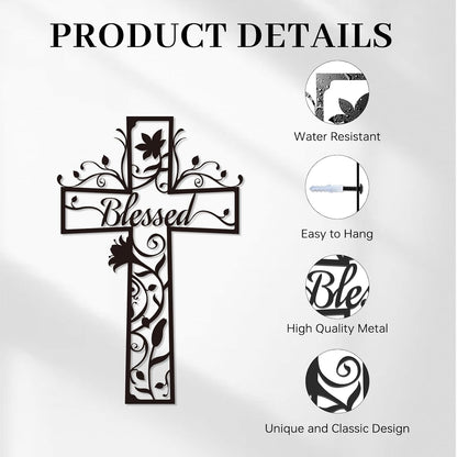 Christian Cross Flowers Metal Wall Decor with Blessed – Minimalist Floral Cross Wall Art for Home, Church & Prayer Room, Religious Gifts for Women, Family, Friends & Believers E-75
