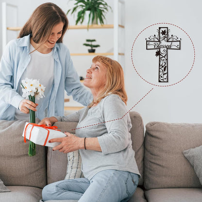 Christian Cross Flowers Metal Wall Decor with Blessed – Minimalist Floral Cross Wall Art for Home, Church & Prayer Room, Religious Gifts for Women, Family, Friends & Believers E-75