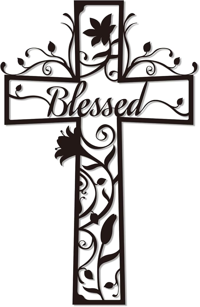 Christian Cross Flowers Metal Wall Decor with Blessed – Minimalist Floral Cross Wall Art for Home, Church & Prayer Room, Religious Gifts for Women, Family, Friends & Believers E-75