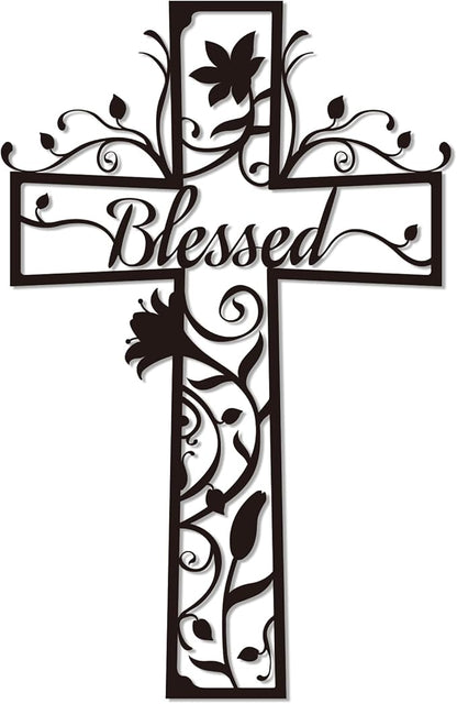 Christian Cross Flowers Metal Wall Decor with Blessed – Minimalist Floral Cross Wall Art for Home, Church & Prayer Room, Religious Gifts for Women, Family, Friends & Believers E-75