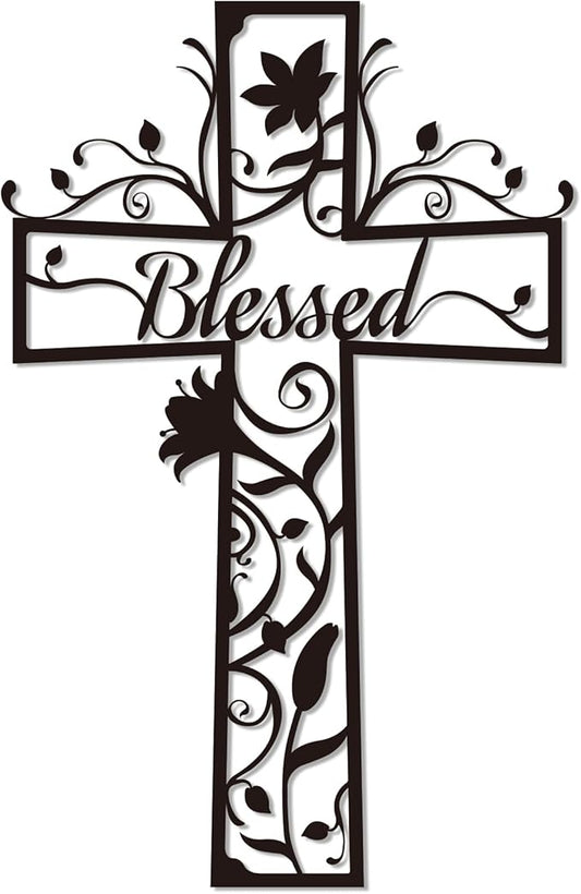 Christian Cross Flowers Metal Wall Decor with Blessed – Minimalist Floral Cross Wall Art for Home, Church & Prayer Room, Religious Gifts for Women, Family, Friends & Believers E-75