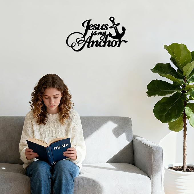 Jesus Wall Art - Jesus is My Anchor Wall Decor,Religious & Christian Wall Art for Home, Inspirational 14.57"x 8.27" Metal Scripture Signs for Christmas, Thanksgiving E-77