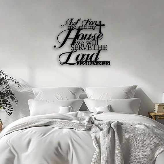 Cross Joshua 24 15 Metal Wall Decor - Christian Room Decor Motivational Inspirational Scripture Wall Art Home Decor for Living Room, Bedroom, Dining Room, Bathroom, Office (Black) E-78