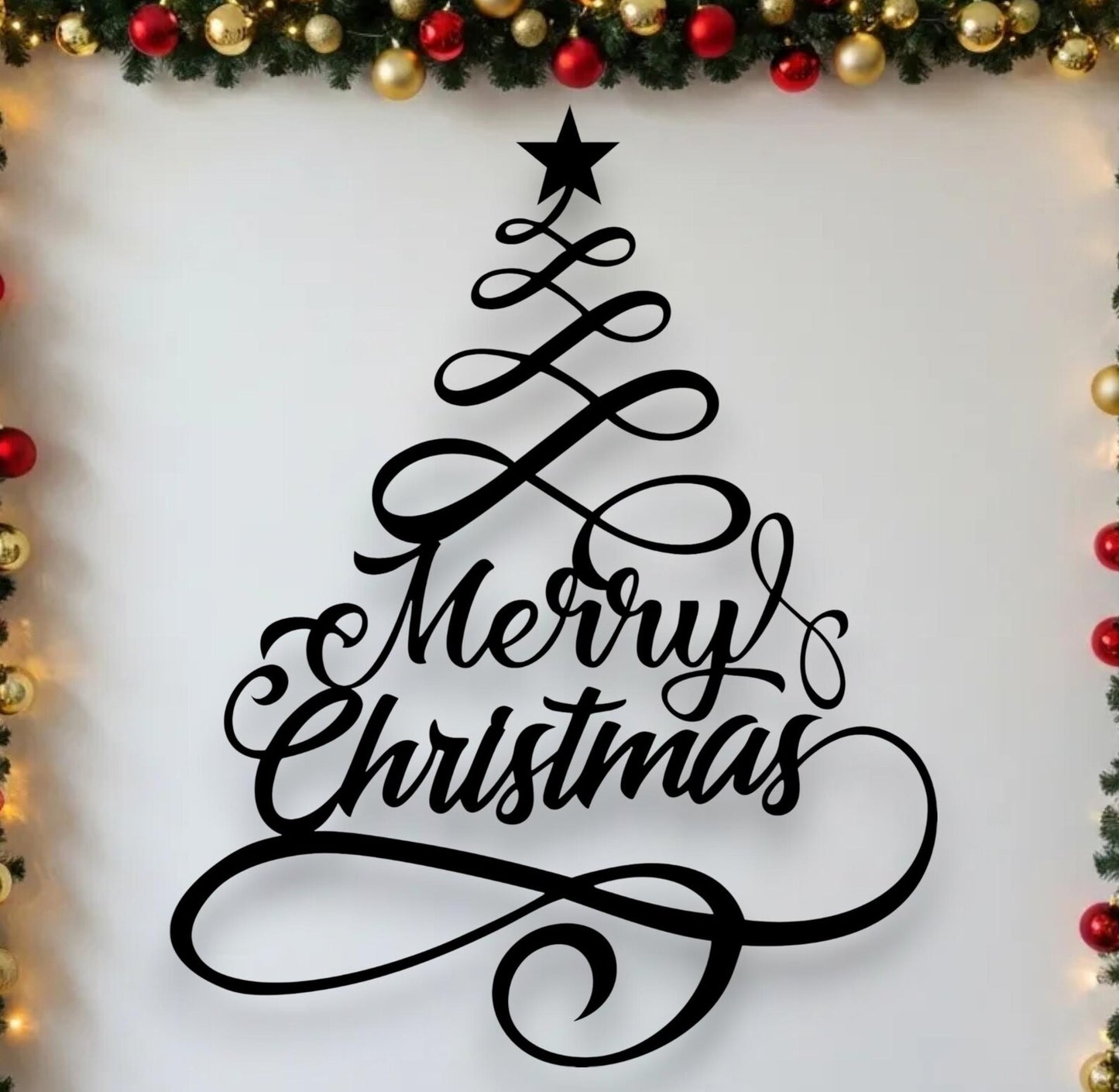 Merry Christmas Metal Tree Wall Decor |Festive Holiday Home Accent | Modern Christmas Tree Wall Sign for Living Room, Hallway, or Entry Door E-82