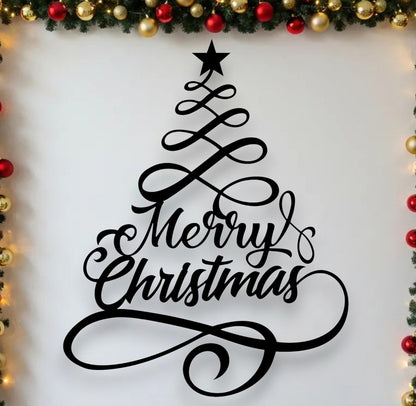 Merry Christmas Metal Tree Wall Decor |Festive Holiday Home Accent | Modern Christmas Tree Wall Sign for Living Room, Hallway, or Entry Door E-82