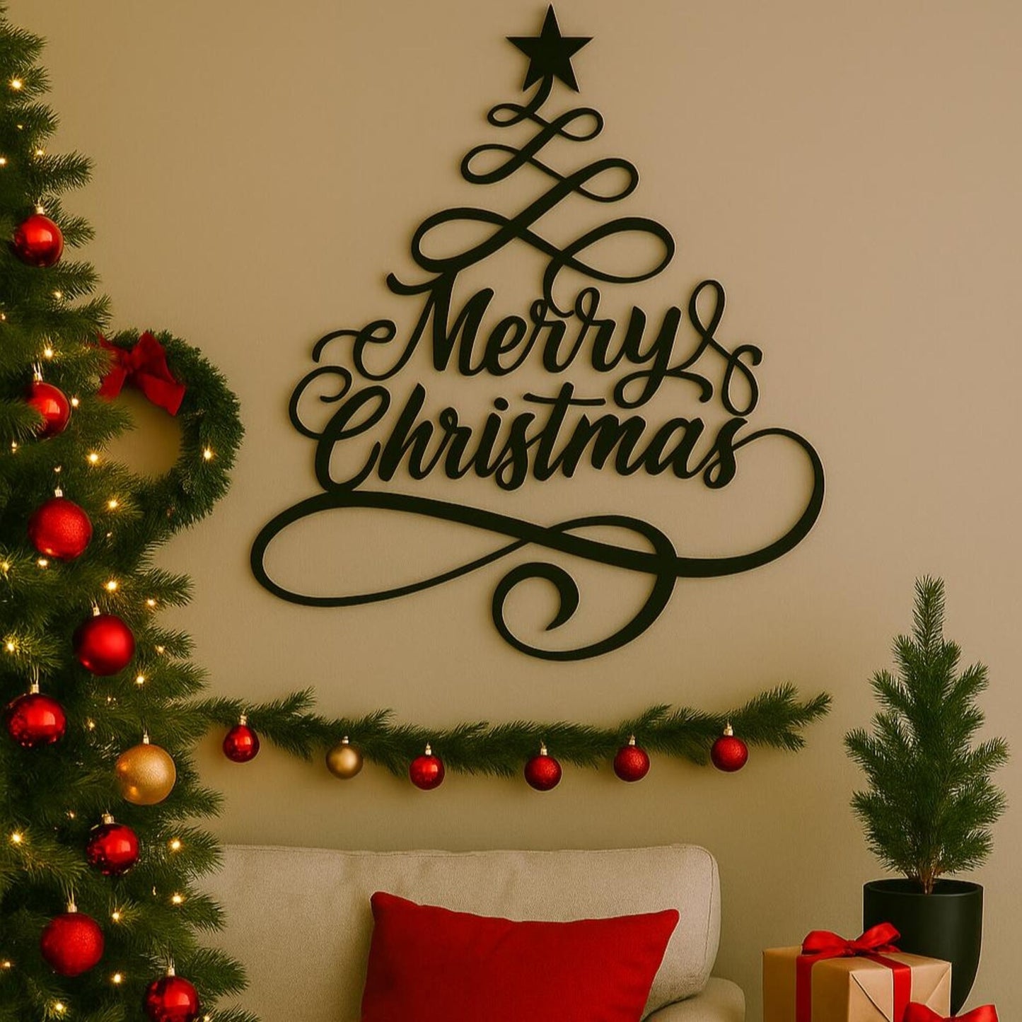 Merry Christmas Metal Tree Wall Decor |Festive Holiday Home Accent | Modern Christmas Tree Wall Sign for Living Room, Hallway, or Entry Door E-82