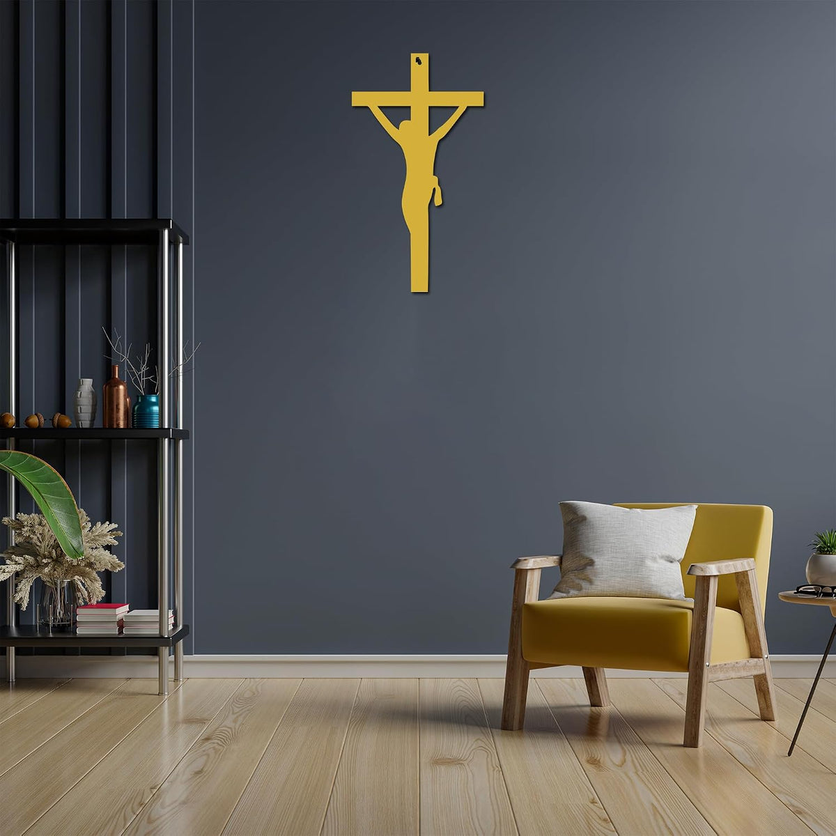 Metal art Decorative Decorational Golden Crucifix Silhouette Wall Panel | Spiritual Theme Design for Peaceful Room Styling | Artistic Accent for Sacred Interiors  (45 × 45 × 2 cm)  H-2