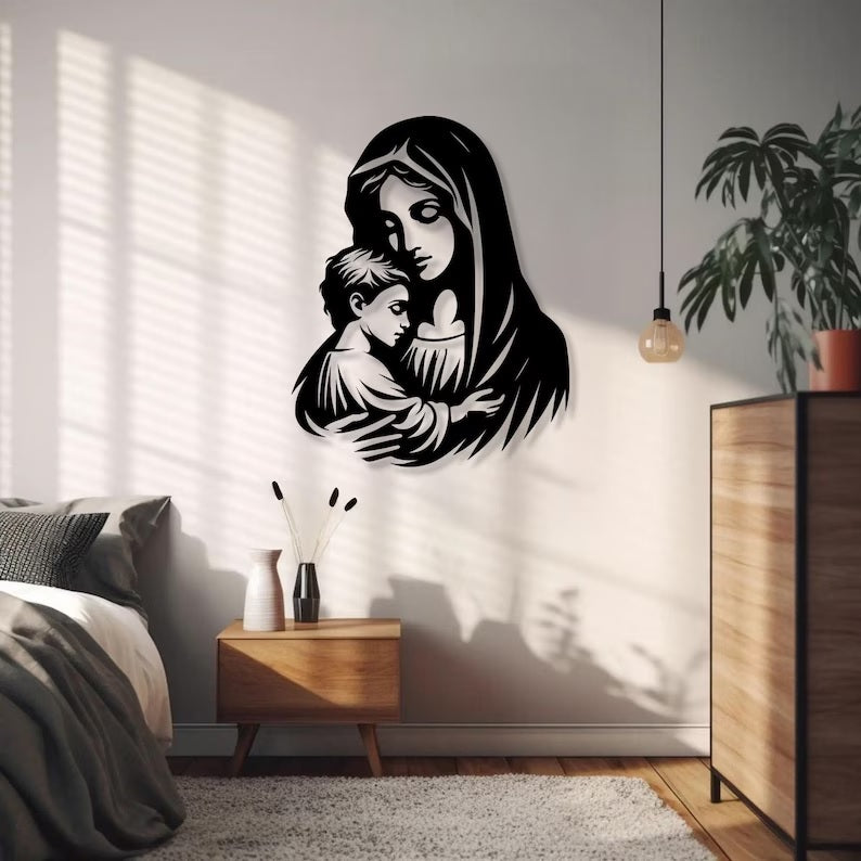 Virgin Mary and Child Metal Wall Art – Religious Home Decor E-36