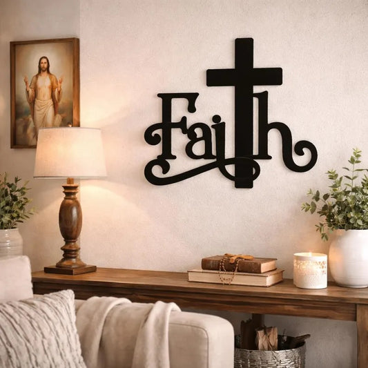 Faith Metal Wall Art: Christian Wall Decor, (50x44cm) Minimalist Bible Verse Sign, Religious Line Art, Spiritual Home Decor, Christian Gift E-28