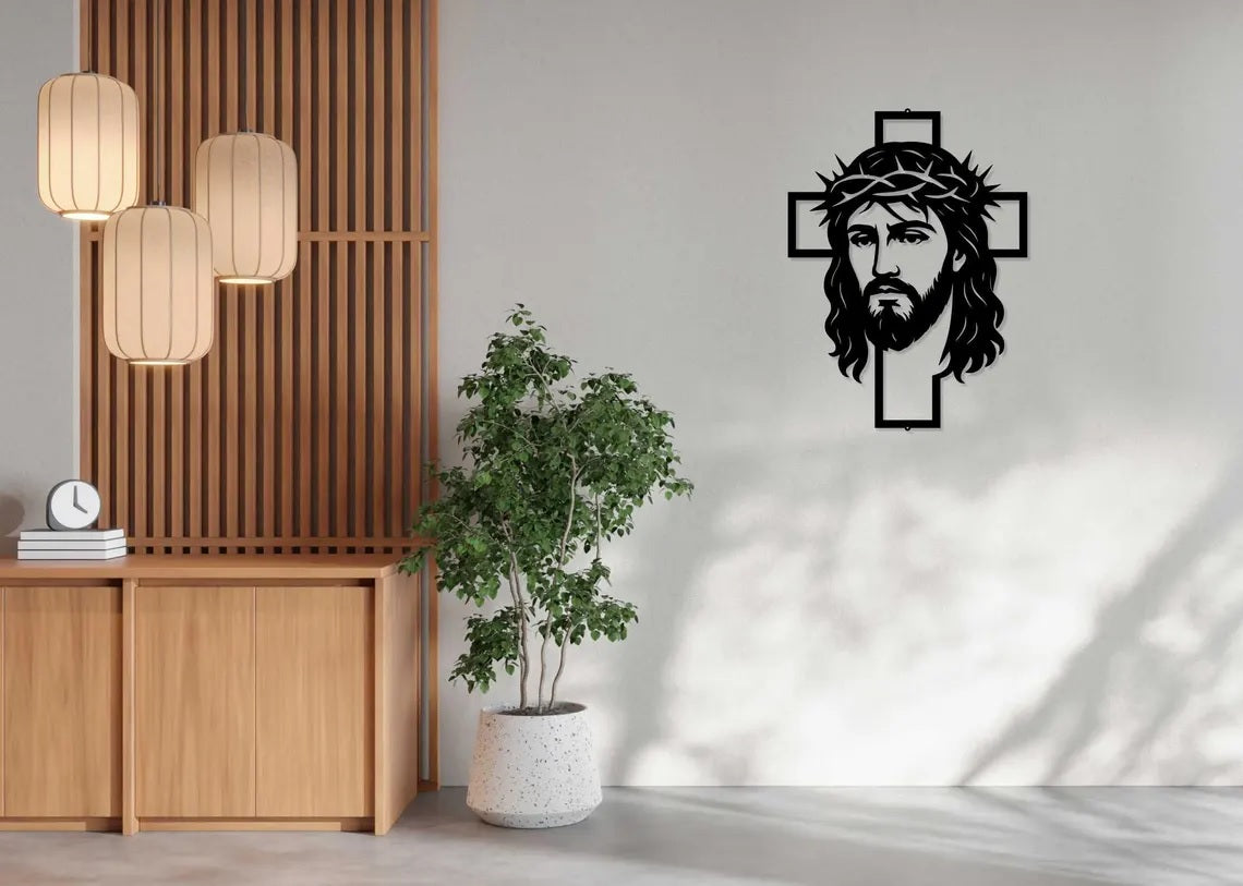 Jesus Face Metal Cross Sign, Religious Christian Home Decor, Wall Decor For Indoor/Outdoor