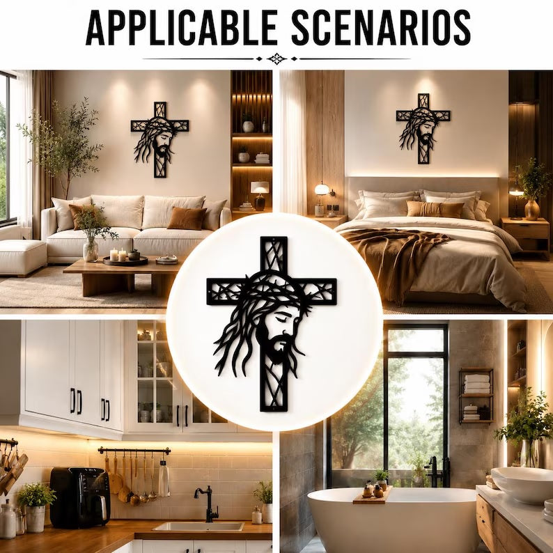 Jesus Cross Metal Wall Art, Christian Iron Wall Decor, Black Crucifix for Home Altar, Prayer Room, Religious Gift
