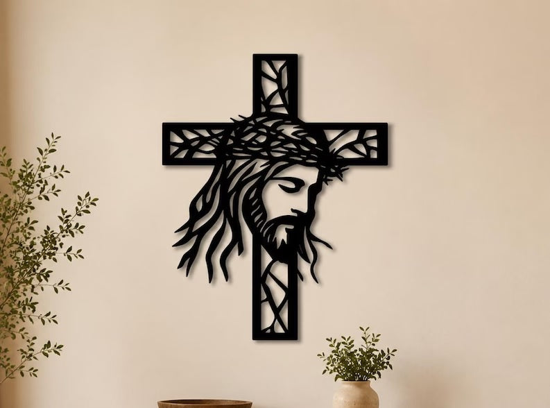 Jesus Cross Metal Wall Art, Christian Iron Wall Decor, Black Crucifix for Home Altar, Prayer Room, Religious Gift
