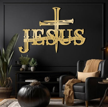 Jesus The Way The Truth The Life Metal Wall Art, Metal Jesus Cross Wall Decor, Cross Wall Mount, Christian Art, Religious Room Decor, Gift for Christian (Gold 1,