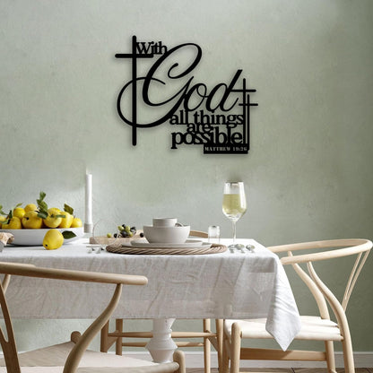 Cross Matthew 19 26 Metal Wall Decor - Christian Scripture Room Decor Motivational Inspirational Wall Art Home Decor for Living Room, Bedroom, Dining Room, Bathroom, Office (Black)