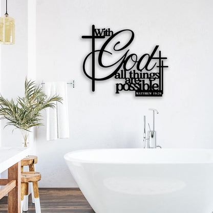 Cross Matthew 19 26 Metal Wall Decor - Christian Scripture Room Decor Motivational Inspirational Wall Art Home Decor for Living Room, Bedroom, Dining Room, Bathroom, Office (Black)