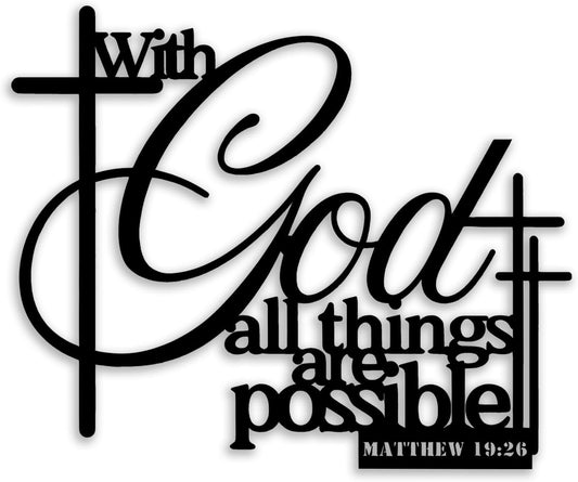 Cross Matthew 19 26 Metal Wall Decor - Christian Scripture Room Decor Motivational Inspirational Wall Art Home Decor for Living Room, Bedroom, Dining Room, Bathroom, Office (Black)